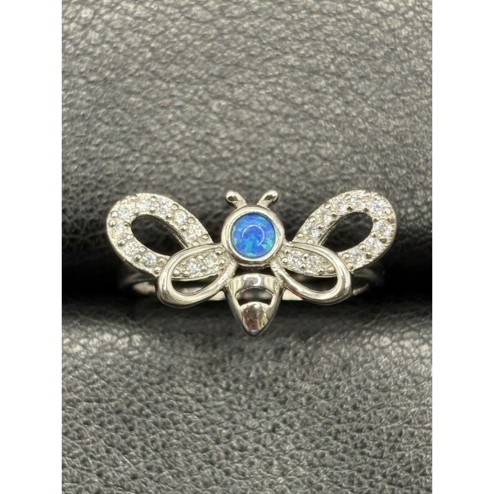 New Condition Sterling Silver Lab Blue Opal Cubic Zirconia Ring Size 7 D14